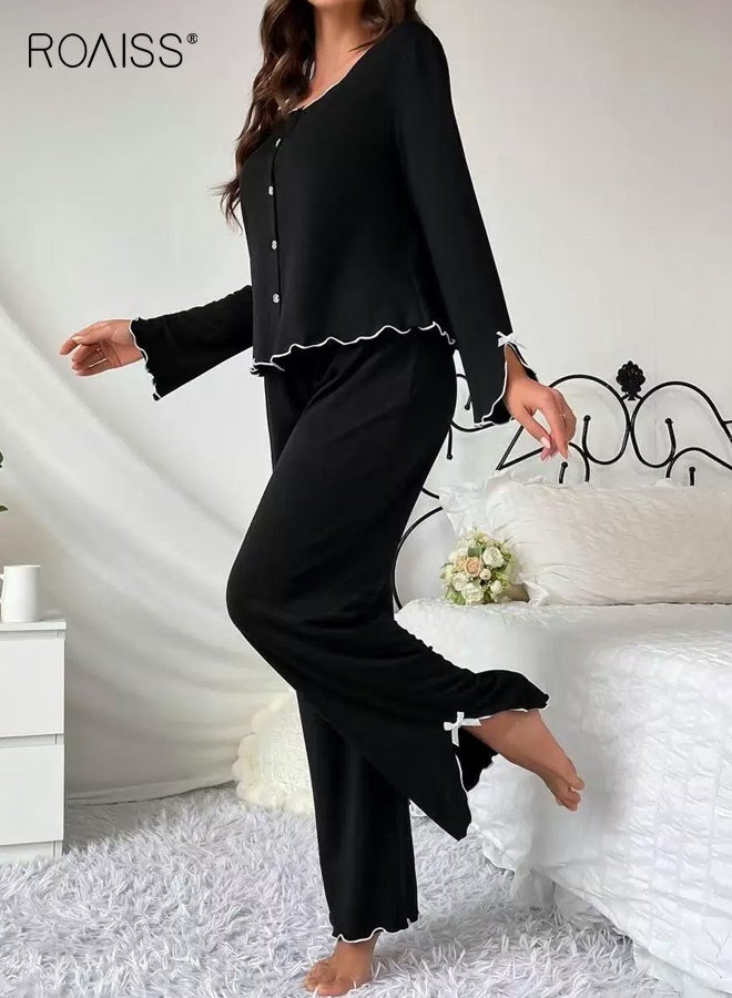 رويس طقم بيجامة أنيق بأكمام طويلة ورقبة دائرية وتصميم بلون سادة وتفاصيل أزرار وحواف كشكشة رقيقة وفتحة صغيرة، من أجل ملابس نوم مريحة - Image 1