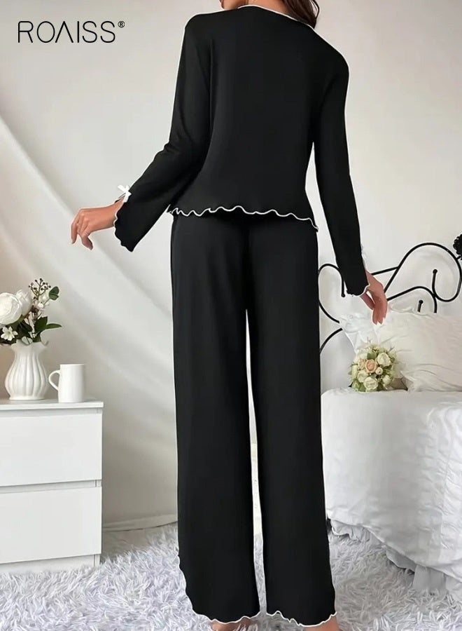 رويس طقم بيجامة أنيق بأكمام طويلة ورقبة دائرية وتصميم بلون سادة وتفاصيل أزرار وحواف كشكشة رقيقة وفتحة صغيرة، من أجل ملابس نوم مريحة - Image 3