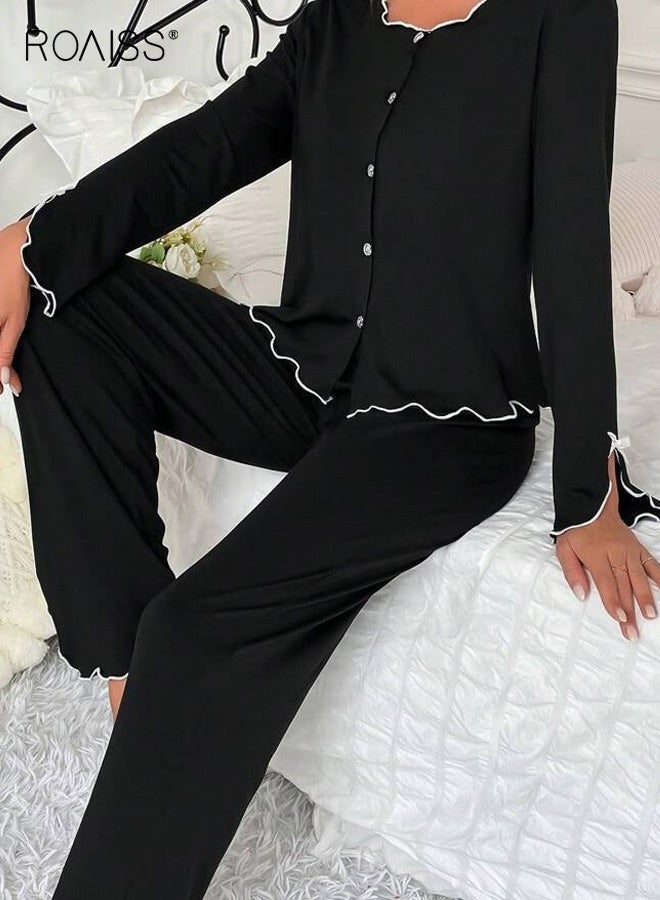 رويس طقم بيجامة أنيق بأكمام طويلة ورقبة دائرية وتصميم بلون سادة وتفاصيل أزرار وحواف كشكشة رقيقة وفتحة صغيرة، من أجل ملابس نوم مريحة - Image 4