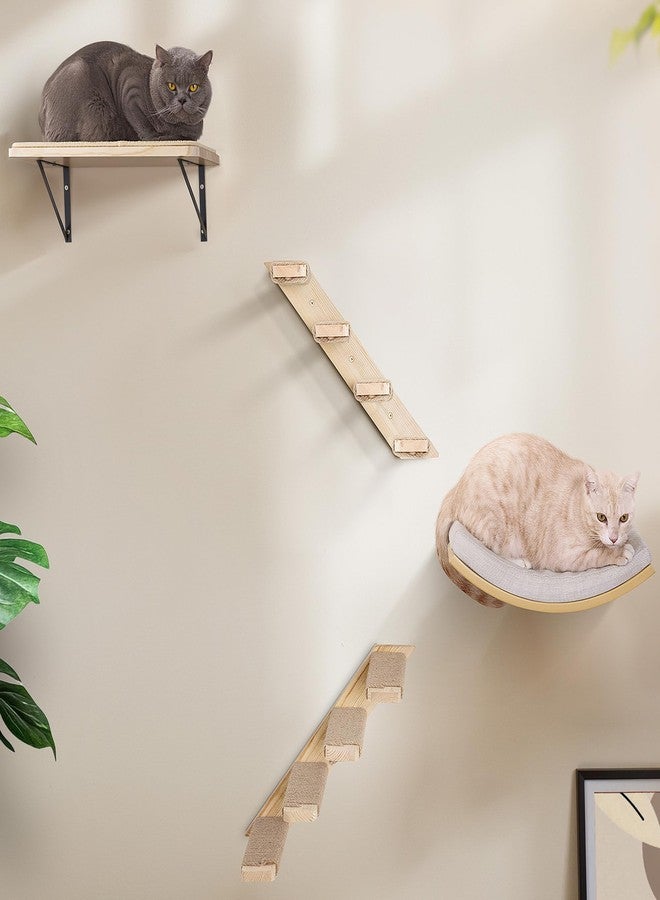 PELUOMOZ Wooden Cat Wall Steps Shelves Set, Wall Mounted Cats Shelves with Foam Cushion Bed, Flat Perch & 2 Four-Step Cat Ladders for Climbing - Image 1