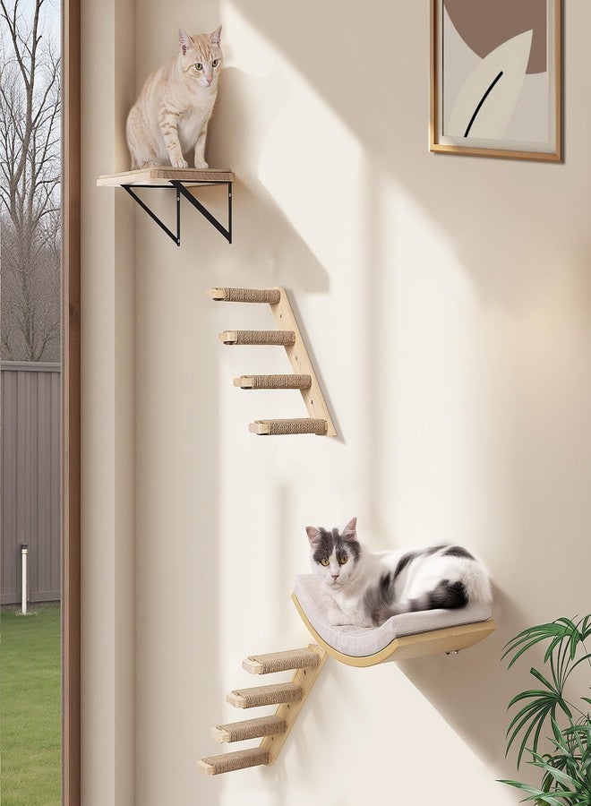 PELUOMOZ Wooden Cat Wall Steps Shelves Set, Wall Mounted Cats Shelves with Foam Cushion Bed, Flat Perch & 2 Four-Step Cat Ladders for Climbing - Image 2