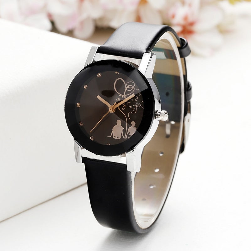 Fashion Simple Black Diamond Couple Watches Women's black plate with black belt 