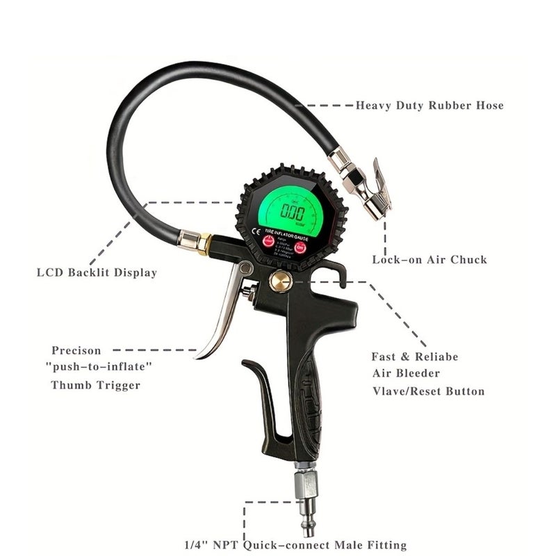 Black 200 PSI Digital Tire Pressure Gauge Inflator with Rubber Hose for Car Truck Motorcycle - Image 3
