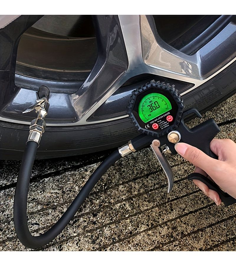 Black 200 PSI Digital Tire Pressure Gauge Inflator with Rubber Hose for Car Truck Motorcycle - Image 1