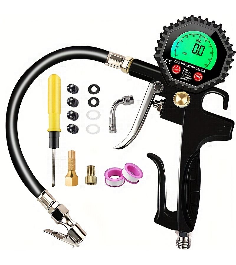 Black 200 PSI Digital Tire Pressure Gauge Inflator with Rubber Hose for Car Truck Motorcycle - Image 2