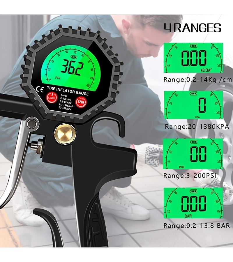 Black 200 PSI Digital Tire Pressure Gauge Inflator with Rubber Hose for Car Truck Motorcycle - Image 4