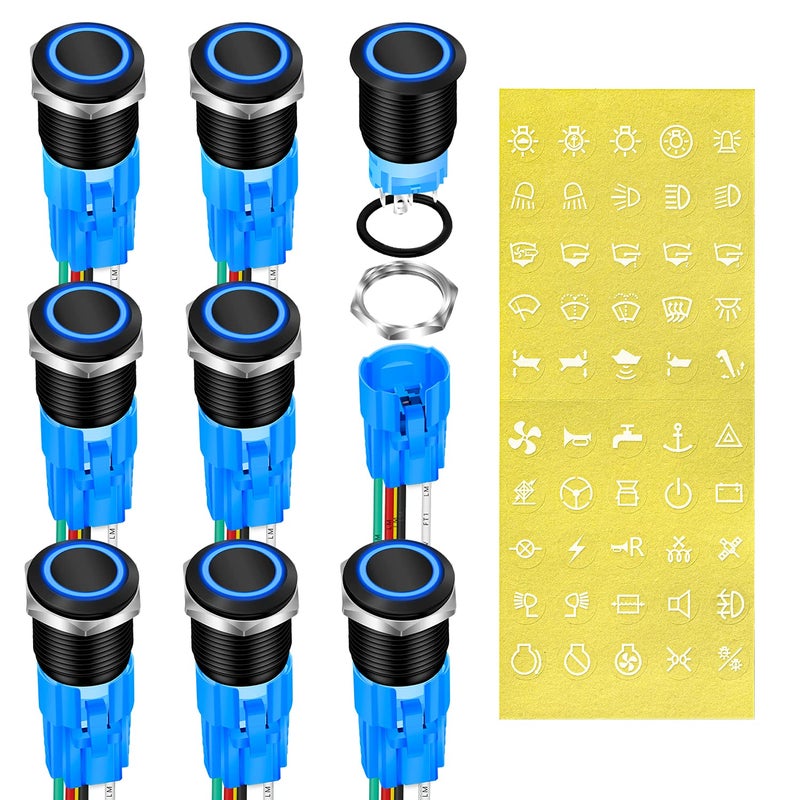 DAIERTEK 19mm 12V Latching Push Button Switch ON Off Black Metal Pre-Wired 12 Volt Blue Led Light Illuminated Waterproof Button for Marine RV -8 Pack - Image 1