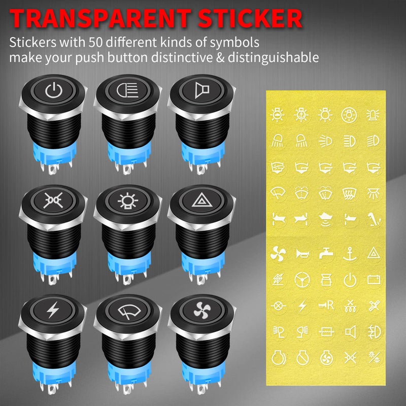 DAIERTEK 19mm 12V Latching Push Button Switch ON Off Black Metal Pre-Wired 12 Volt Blue Led Light Illuminated Waterproof Button for Marine RV -8 Pack - Image 3