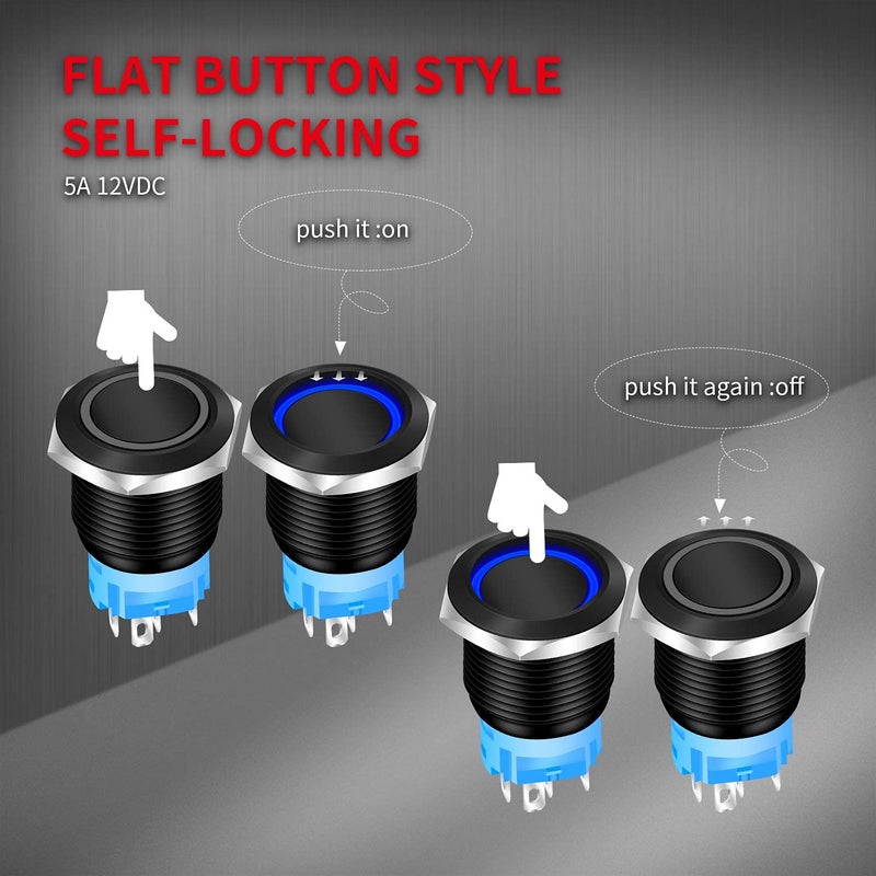 DAIERTEK 19mm 12V Latching Push Button Switch ON Off Black Metal Pre-Wired 12 Volt Blue Led Light Illuminated Waterproof Button for Marine RV -8 Pack - Image 5
