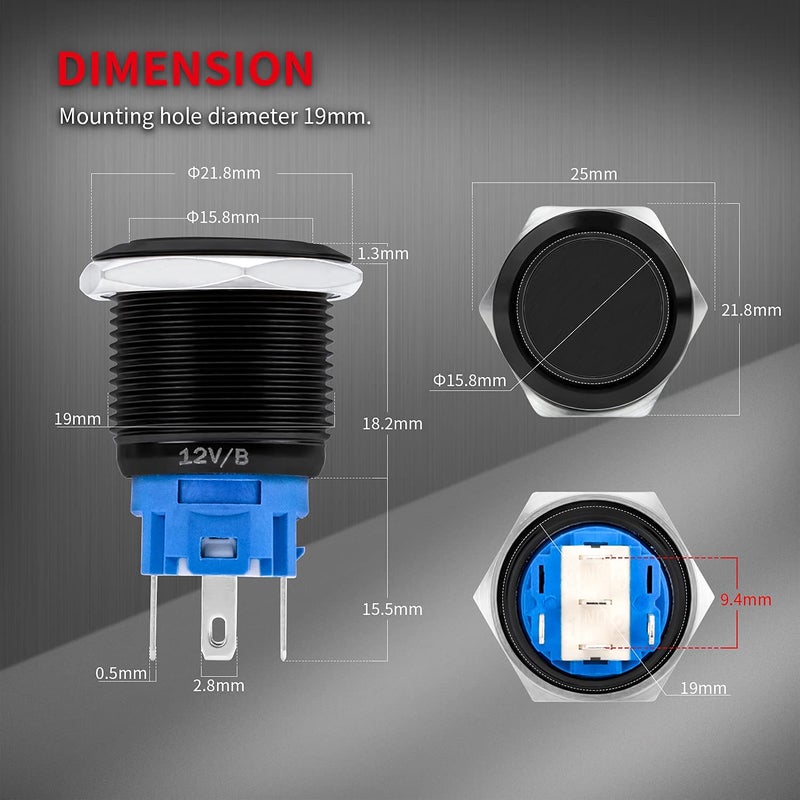 DAIERTEK 19mm 12V Latching Push Button Switch ON Off Black Metal Pre-Wired 12 Volt Blue Led Light Illuminated Waterproof Button for Marine RV -8 Pack - Image 2