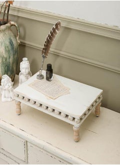 NIKKY HOME NIKKY HOME Beaded Wood Pedestal Stand Display Riser for Kitchen Counter, Farmhouse Rustic Wooden Decorative Tray, Centerpiece Decor for Coffee Bar Table, Dining Room - Distressed White 