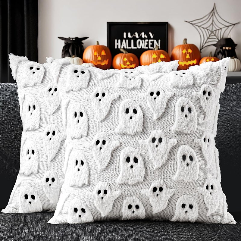 MIULEE Halloween Pillow Covers Ghost Spooky Throw Pillows Set of 2 Soft Plush Faux Fur Decorative Cushion Covers for Couch Sofa Bed Living Room Halloween Decor 20x20 inch White - Image 1