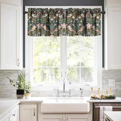 YCness William Morris Kitchen Valance,Retro Flower Strawberry Thief Floral Printed Small Window Treatments for Kitchen Living Room Bathroom Cafe Decor Rod Pocket Vintage Valances 54x18 Inch, 1 Panel - Image 3