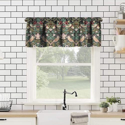 YCness William Morris Kitchen Valance,Retro Flower Strawberry Thief Floral Printed Small Window Treatments for Kitchen Living Room Bathroom Cafe Decor Rod Pocket Vintage Valances 54x18 Inch, 1 Panel - Image 2