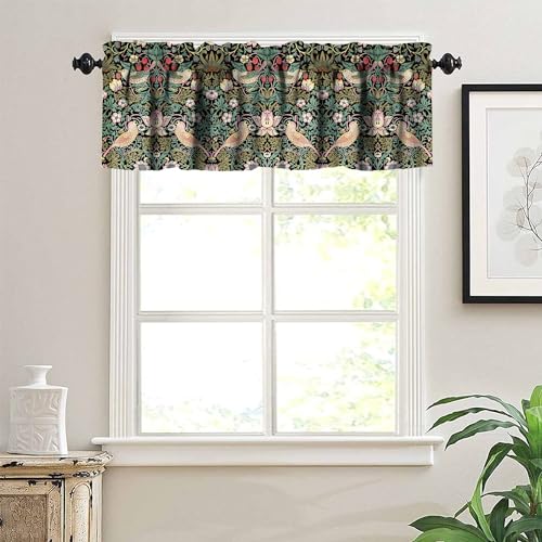 YCness William Morris Kitchen Valance,Retro Flower Strawberry Thief Floral Printed Small Window Treatments for Kitchen Living Room Bathroom Cafe Decor Rod Pocket Vintage Valances 54x18 Inch, 1 Panel - Image 4