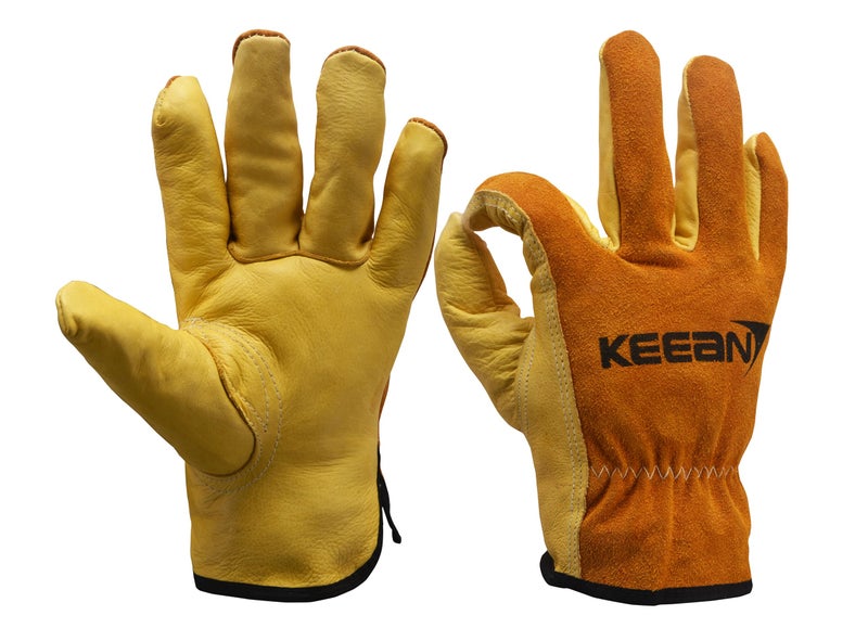 KEEAN REINFORCED LEATHER WORK GLOVES FOR GARDENING FARMING HANDLING DRIVING WAREHOUSING MOTORCYCLING 10 INCHES SECURE FIT ELASTIC DURABLE SAFETY PROTECTION DUAL COLOUR - Image 1