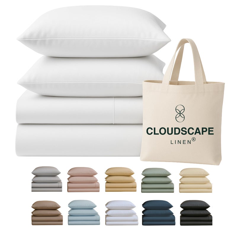 CloudScape Linen Cloud Scape Linen 100% Egyptian Cotton Sheets for Queen Size Bed, 400 Thread Count, 4 Pieces Bedding Set, Hotel Quality, Silky Soft, Deep Pockets up to 17â€, White - Image 1