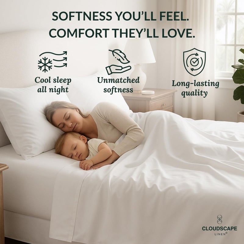 CloudScape Linen Cloud Scape Linen 100% Egyptian Cotton Sheets for Queen Size Bed, 400 Thread Count, 4 Pieces Bedding Set, Hotel Quality, Silky Soft, Deep Pockets up to 17â€, White - Image 4