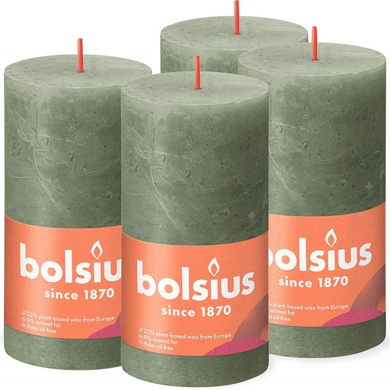 Bolsius Rustic Pillar Candles Olive Green Set of 4 Decorative Household Candles Burning Length Time 60 Hours Unscented Natural Plant Wax Without Palm Oil 13 x 7 cm