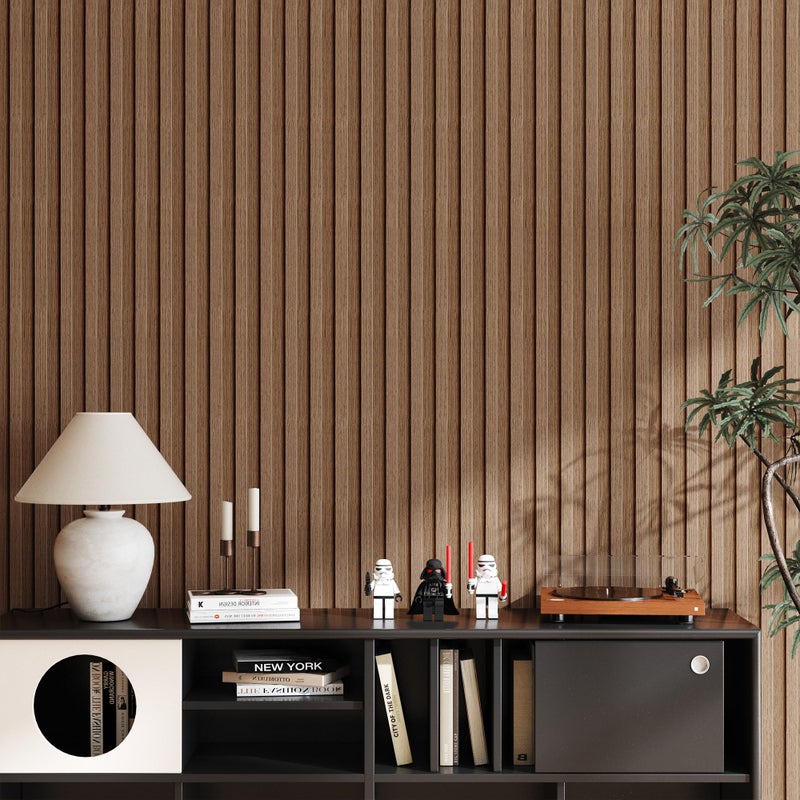 LVSHI Peel and Stick PVC Slat Wall Panels, Wood Grain Self-Adhesive Soundproof Paneling, 3D Faux Wood Panels for Bedroom Bathroom Walls & Ceilings 118"x15.75"(Light Walnut,13Sq.ft) - Image 2