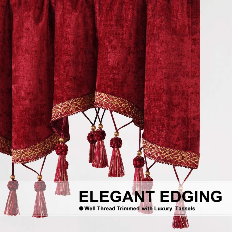 ELKCA Double-Sided Chenille Window Curtains Tier for Kitchen,Rod Pocket, Burgundy Red Scalloped Valance for Living Room,Pack of 2(Burgundy Red, 52" W x 18" L) - Image 4