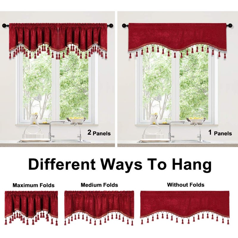 ELKCA Double-Sided Chenille Window Curtains Tier for Kitchen,Rod Pocket, Burgundy Red Scalloped Valance for Living Room,Pack of 2(Burgundy Red, 52" W x 18" L) - Image 5