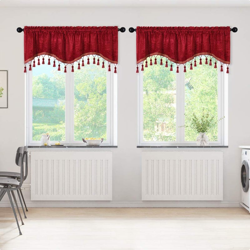 ELKCA Double-Sided Chenille Window Curtains Tier for Kitchen,Rod Pocket, Burgundy Red Scalloped Valance for Living Room,Pack of 2(Burgundy Red, 52" W x 18" L) - Image 2