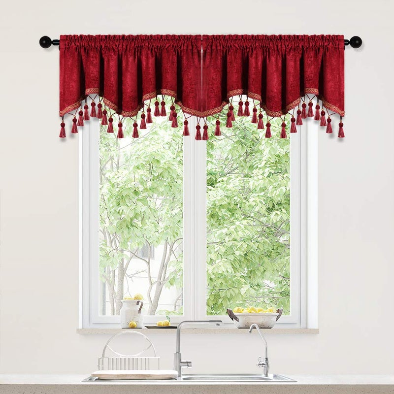 ELKCA Double-Sided Chenille Window Curtains Tier for Kitchen,Rod Pocket, Burgundy Red Scalloped Valance for Living Room,Pack of 2(Burgundy Red, 52" W x 18" L) - Image 1