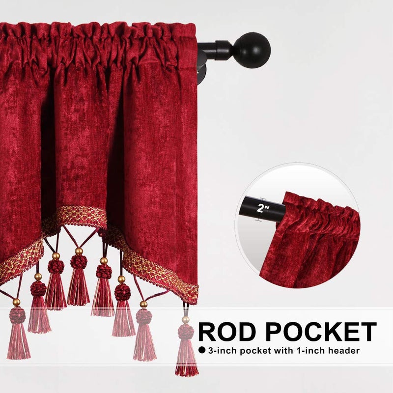 ELKCA Double-Sided Chenille Window Curtains Tier for Kitchen,Rod Pocket, Burgundy Red Scalloped Valance for Living Room,Pack of 2(Burgundy Red, 52" W x 18" L) - Image 3