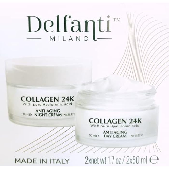 delfanti milano ديلفانتي • كولاجين 24K • حزمة ثنائية لمكافحة الشيخوخة • جرة كريم نهاري بالإضافة إلى جرة كريم ليلي • مرطبات للوجه والرقبة والصدر مع حمض الهيالورونيك النقي • صنع في إيطاليا - Image 3