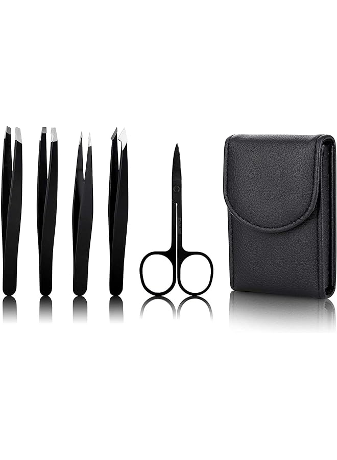 NNEWVANTE Set 5 Pieces Professional Stainless Steel Tweezers With Curved Scissors Best Precision Tweezer For Eyebrows Splinter And Ingrown Hair Removal With Leather Travel Case - Image 1