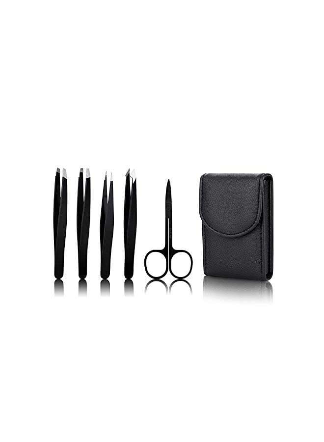 NNEWVANTE Set 5 Pieces Professional Stainless Steel Tweezers With Curved Scissors Best Precision Tweezer For Eyebrows Splinter And Ingrown Hair Removal With Leather Travel Case - Image 2