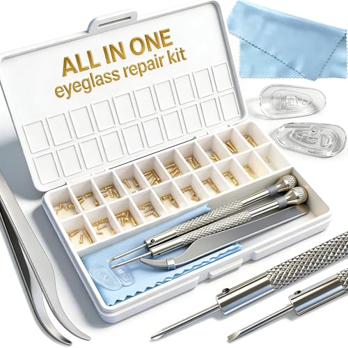 PFDHQS Gold Eyeglass Repair Kit with 18 Sizes Gold-Plated Screws, 1.4mm Precision Screwdrivers, Tweezers, Nose Pads & Cloth - Compact Eye Glass Repairing Kit for All Eyewear Types - Image 1