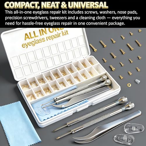 PFDHQS Gold Eyeglass Repair Kit with 18 Sizes Gold-Plated Screws, 1.4mm Precision Screwdrivers, Tweezers, Nose Pads & Cloth - Compact Eye Glass Repairing Kit for All Eyewear Types - Image 2