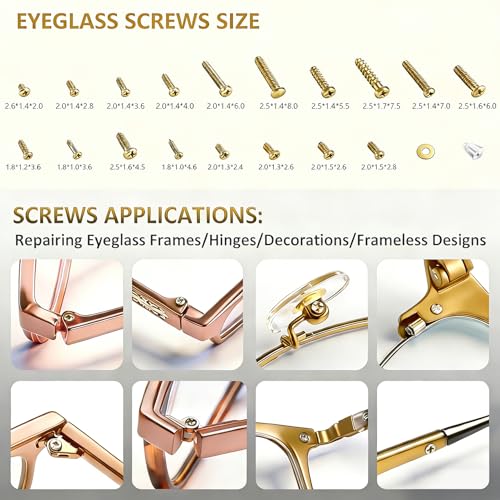 PFDHQS Gold Eyeglass Repair Kit with 18 Sizes Gold-Plated Screws, 1.4mm Precision Screwdrivers, Tweezers, Nose Pads & Cloth - Compact Eye Glass Repairing Kit for All Eyewear Types - Image 3