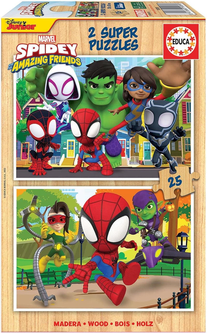 - 2x25 Spidey & His Amazing Friends, 2 Resistant Ecological Wooden Puzzles with 25 pieces each, Double Fun, Measurements: 26 x 18 cm. From 3 years (19289)