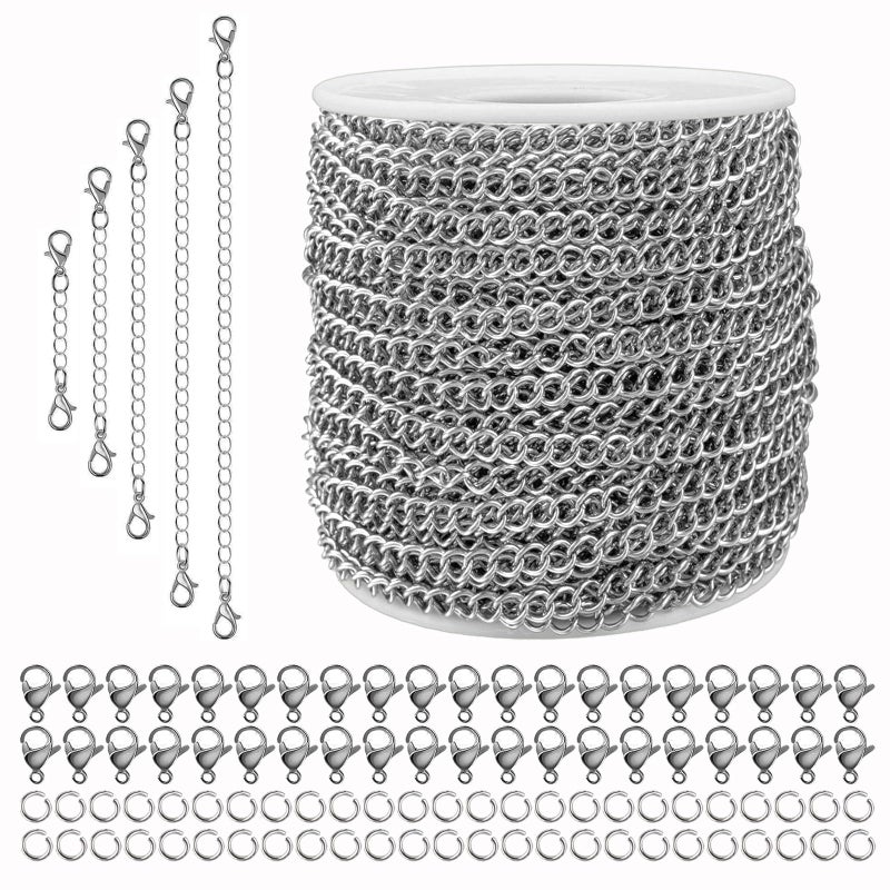 55ft Silver Stainless Steel Curb Chain for Jewelry Making Twist Link Chain for BraceletJewelry Chain with 100 Pcs Jump Rings and Lobster Clasps for DIY Necklace HangingDog TagKeychain4x3x08mm
