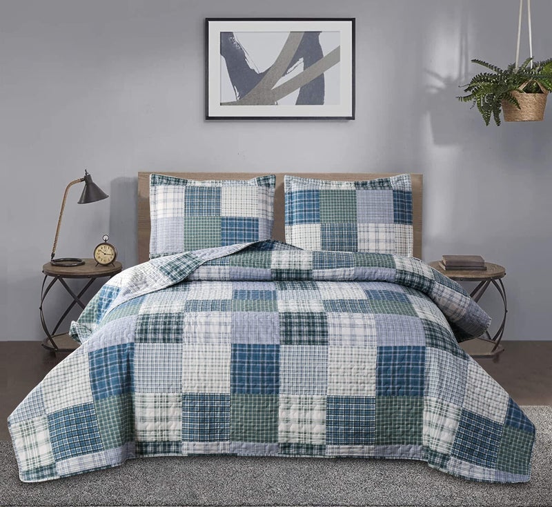 JessyHome Quilt Set Queen Size Plaid Bedspread Coverlet Queen Quilt Set Bedding Mens Boys Quilt Bedspread Patchwork Bedding Home Modern Soft Lightweight Coverlet Reversible Quilt Bed Spread with 2 Pillow Shams - Image 1