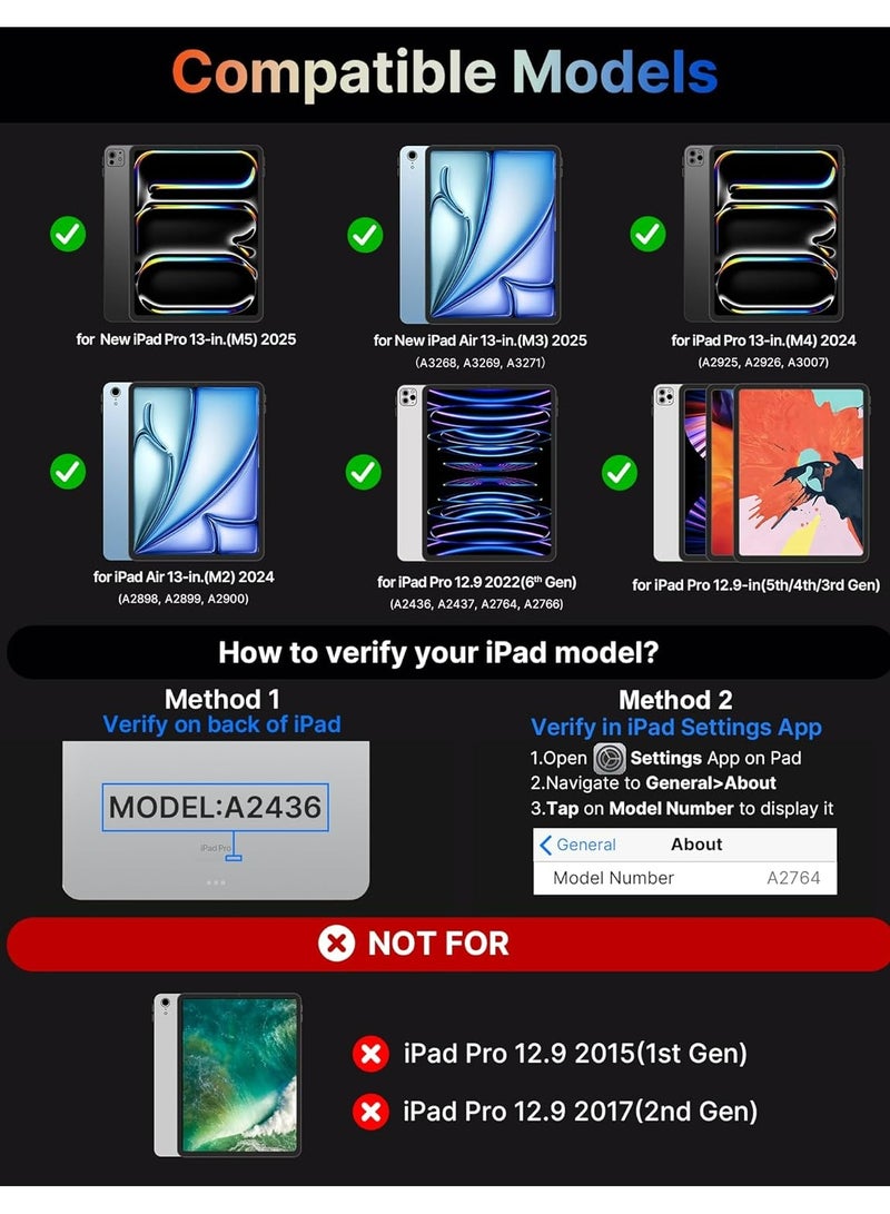 Rock Pow Arabic English Magic Keyboard Case for iPad Pro 13-inch(M5/M4, 2025/2024),iPad Air 13-inch(M3/M2, 2025/2024) & iPad Pro 12.9-inch,Touch Trackpad, 360° Rotatable, 11-Colors Backlit,Wireless Keyboard Case for iPad Pro 13inch/iPad Air 13 inch/iPad Pro 12.9 inch(2018-2023) with Pencil Slot - Image 2