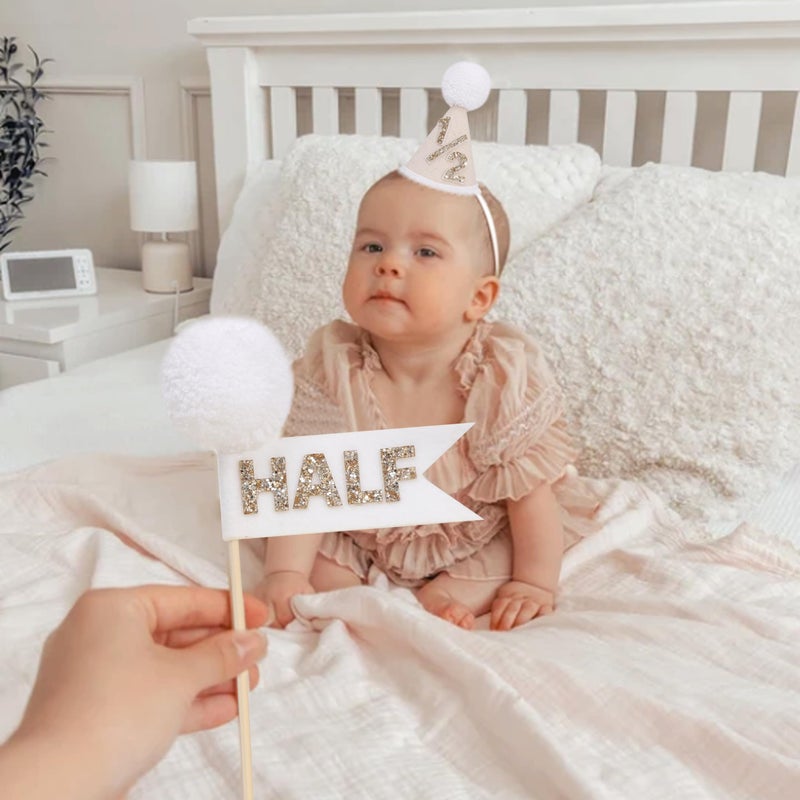 LINGANA 1/2 Birthday Party Decoration Set - Beige White Tassel High Chair Banner,Half Way to One Cake Topper,Glitter 1/2 Birthday Hat,Banner Cake Topper Hat 6 Months Party Supplies - Image 4