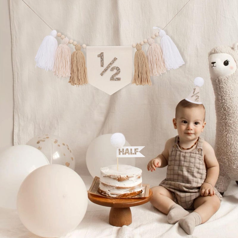 LINGANA 1/2 Birthday Party Decoration Set - Beige White Tassel High Chair Banner,Half Way to One Cake Topper,Glitter 1/2 Birthday Hat,Banner Cake Topper Hat 6 Months Party Supplies - Image 2