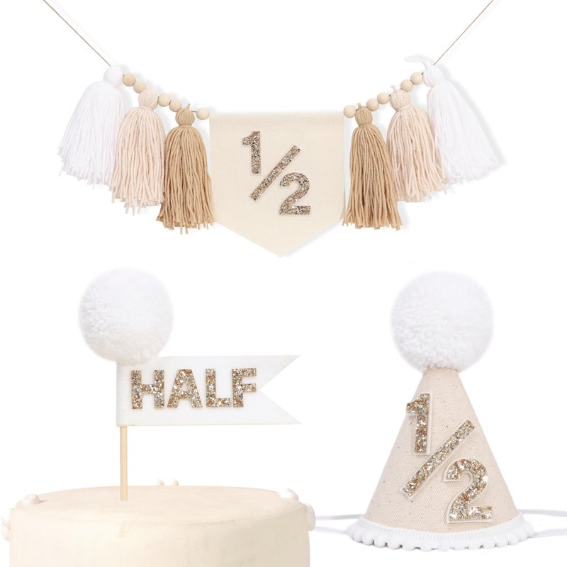 LINGANA 1/2 Birthday Party Decoration Set - Beige White Tassel High Chair Banner,Half Way to One Cake Topper,Glitter 1/2 Birthday Hat,Banner Cake Topper Hat 6 Months Party Supplies - Image 1