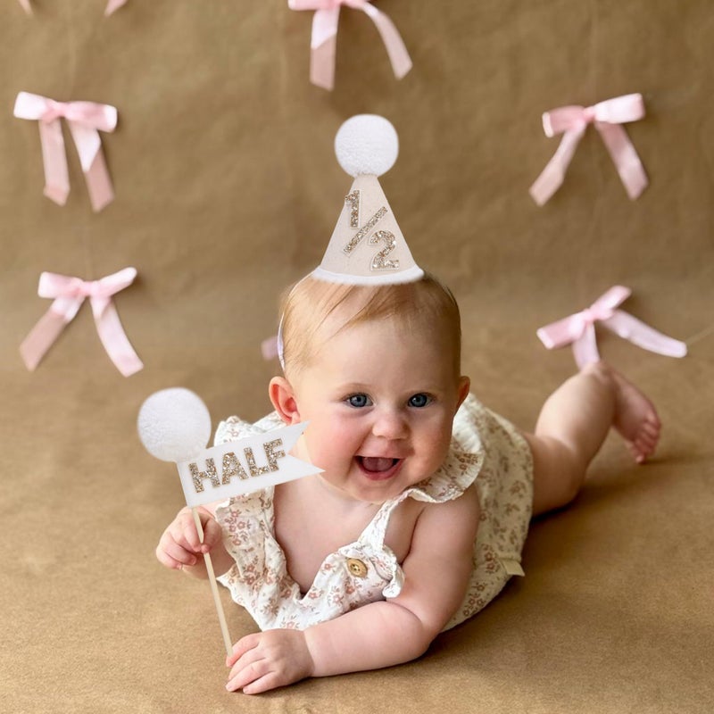 LINGANA 1/2 Birthday Party Decoration Set - Beige White Tassel High Chair Banner,Half Way to One Cake Topper,Glitter 1/2 Birthday Hat,Banner Cake Topper Hat 6 Months Party Supplies - Image 3