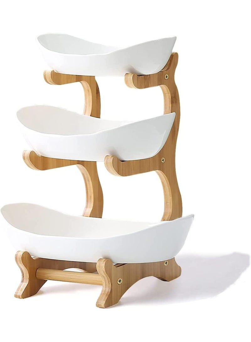 3 Tier Ceramic Fruit Bowl With Bamboo Wood Stand for Kitchen Counter,Porcelain Fruit Basket for Vegetable Storage,White，12.9×5.7inch
