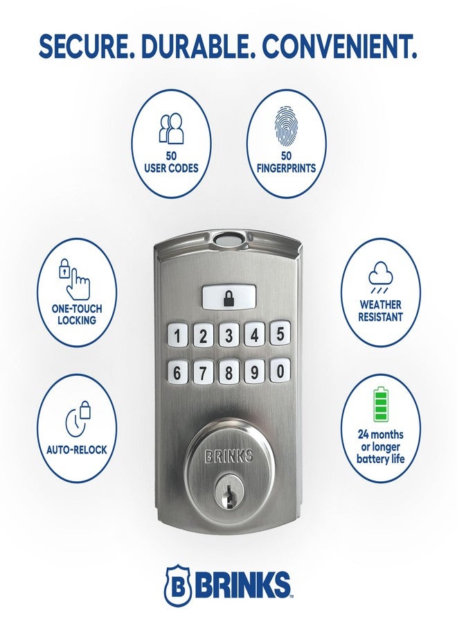 Brinks Fingerprint & Keypad Electronic Door Lock with Deadbolt, High-Security Keyless Entry Smart Lock for Front Door, Up to 50 User Codes, Automatic Locking, Satin Nickel - Image 3