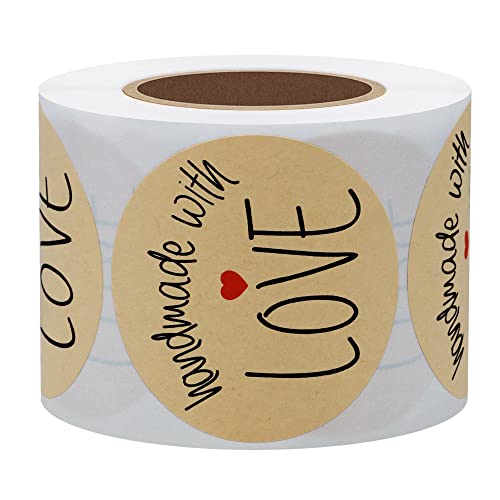 Hybsk Kraft Handmade with Love Stickers with Black Font Total 2" Round 300 Adhesive Labels Per Roll - Image 2