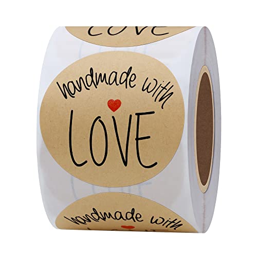 Hybsk Kraft Handmade with Love Stickers with Black Font Total 2" Round 300 Adhesive Labels Per Roll - Image 1