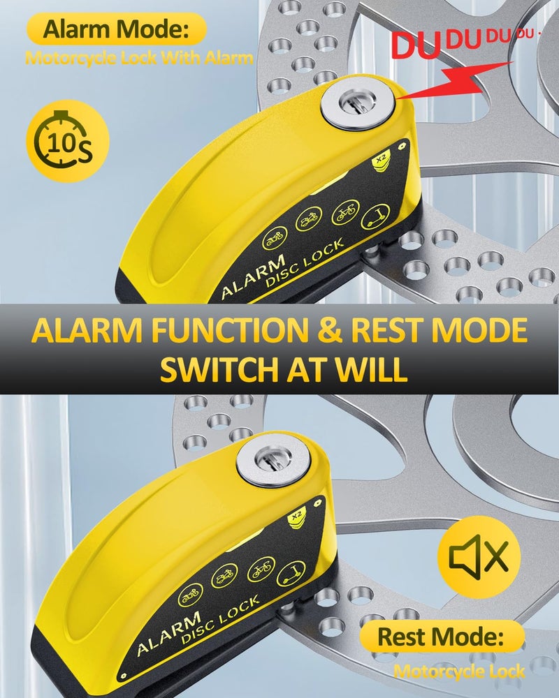 ONVIAN Rechargeable Motorcycle Lock with 120db Alarm and 6FT Steel Reminder Cable, for 7mm Pin Motorcycles Bicycles Ebike Scooter Moped(Yellow) - Image 4