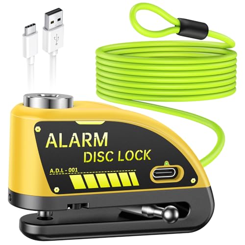 ONVIAN Rechargeable Motorcycle Lock with 120db Alarm and 6FT Steel Reminder Cable, for 7mm Pin Motorcycles Bicycles Ebike Scooter Moped(Yellow) - Image 1