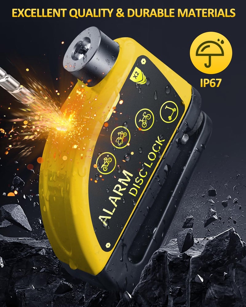 ONVIAN Rechargeable Motorcycle Lock with 120db Alarm and 6FT Steel Reminder Cable, for 7mm Pin Motorcycles Bicycles Ebike Scooter Moped(Yellow) - Image 5